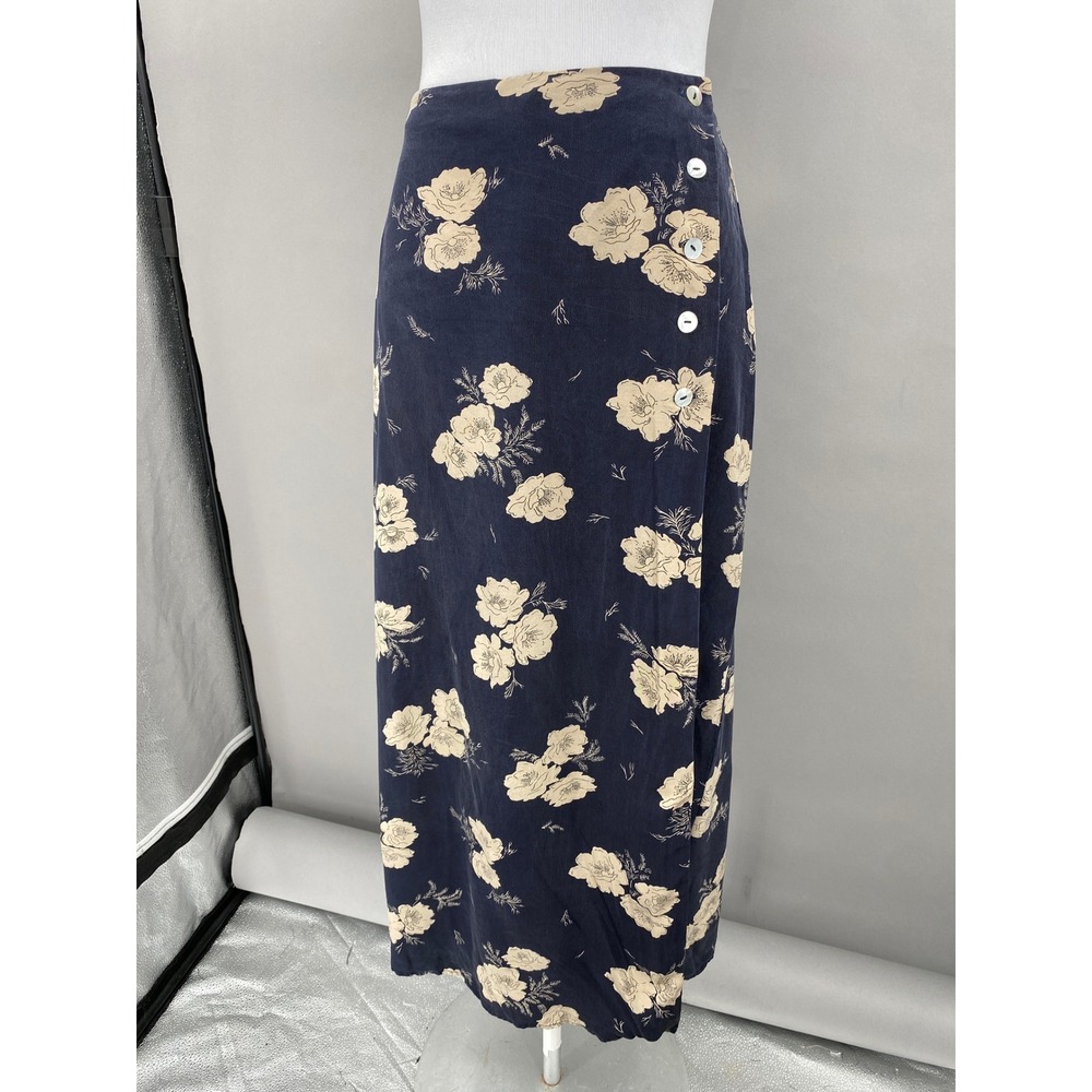 Vtg 90s INC International Concepts Silk Maxi Wrap Skirt Womens 4 Navy Floral